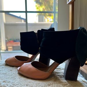 Unique suede & genuine leather, two toned block heels.